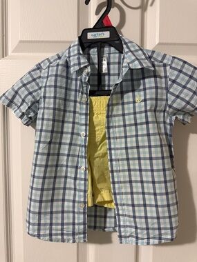 Carter's Light Blue and Navy Plaid Short Sleeve Shirt with Yellow Accent